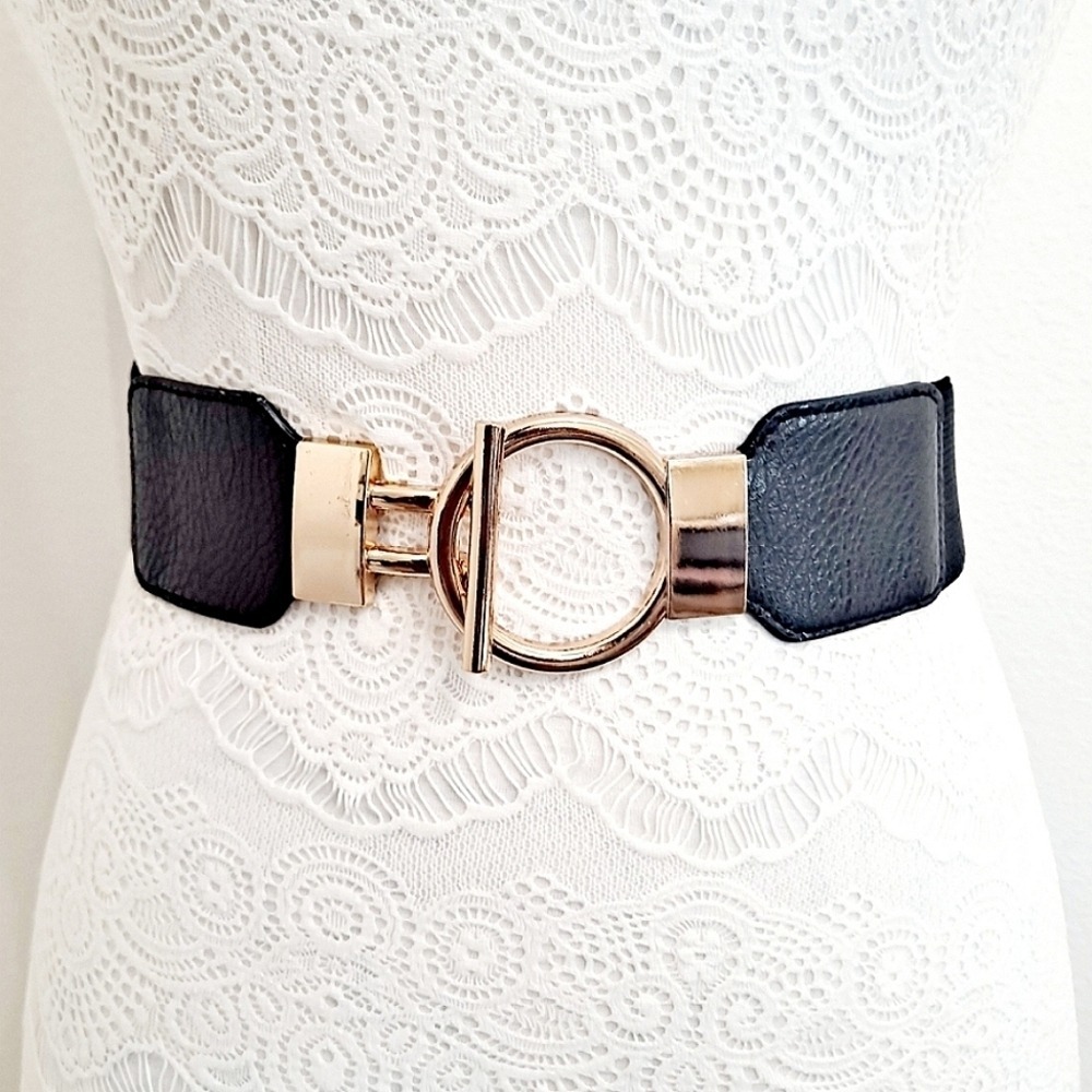 Stylish Black Leatherette Waist Belt with Gold Ring Buckle
